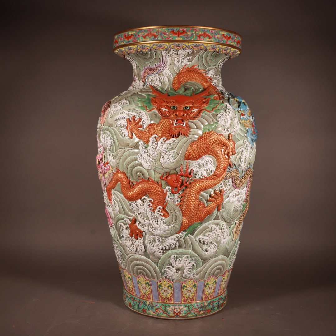 A Rare Famille-Rose Outline in gold Carve Seawater PatternVase: A Rare Famille-Rose Outline in gold Carve Seawater PatternVase ,Qing Dynasty, China,Qianlong Six-character Mark,size:29.9inx17.7in 