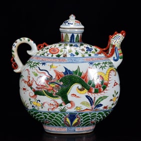 A Rare Wucai Dragon Pattern Phoenix Head Ewer