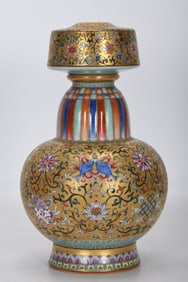 A Rare Enamel Gold Ground Lotus Fish Pattern Vase