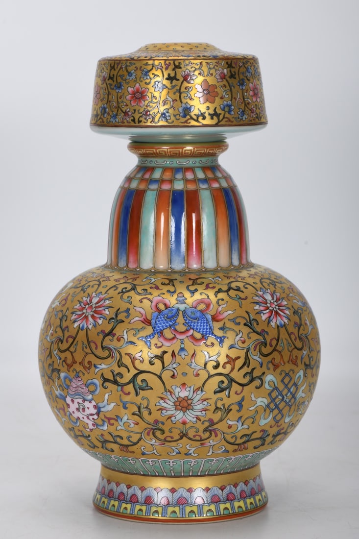 A Rare Enamel Gold Ground Lotus Fish Pattern Vase (1 of 8)