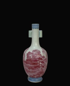 A Exquisite Blue and White Gem Red Landscape Pattern Double-Ears Vase