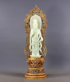 A Exquisite Filigree Gilt Inlaid Hetian Jade Buddha Statue