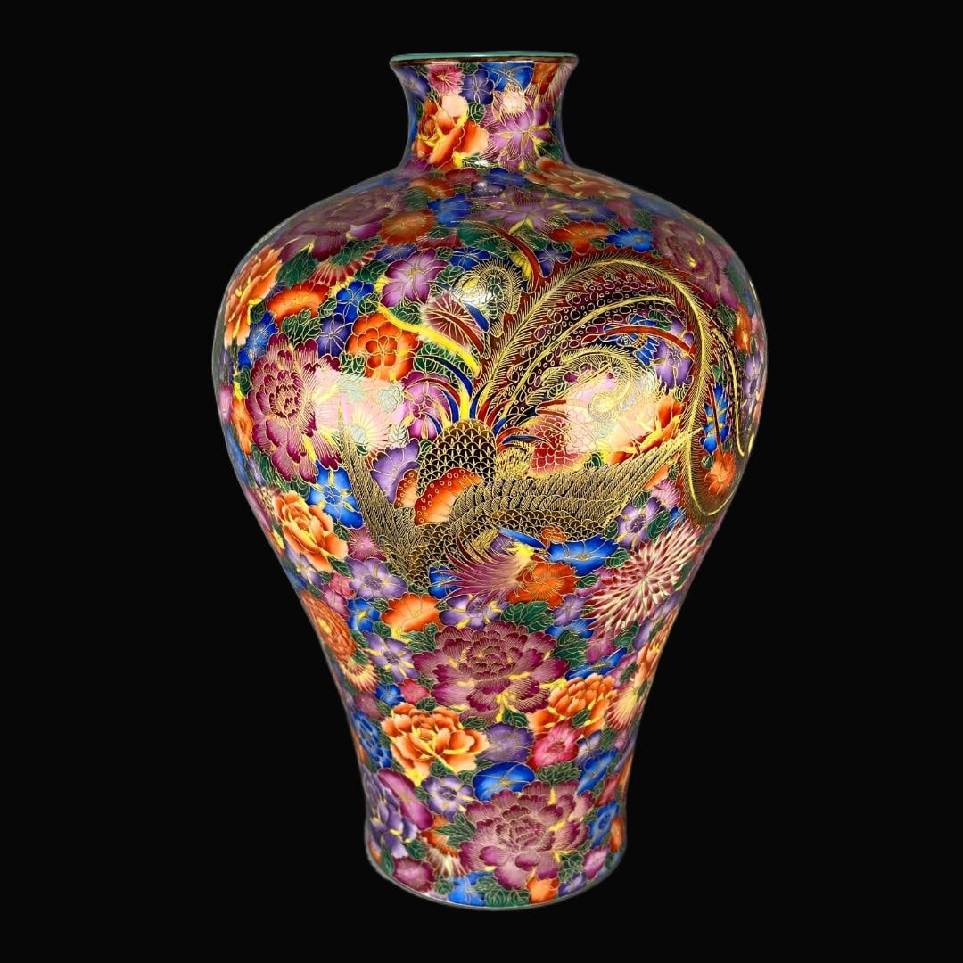 A Exquisite Enamel Cloisonne Thousand Flower and Dragon and Phoenix Pattern Vase: A Exquisite Enamel Cloisonne Thousand Flower and Dragon and Phoenix Pattern Vase,Qing Dynasty, China,Qianlong Six-character Mark,Size:15.9inx3.3inx5.6in 珐琅彩掐丝万