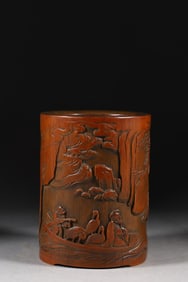 A Exquisite Bamboo Carving Landscape and Figures Pattern Brush Pot