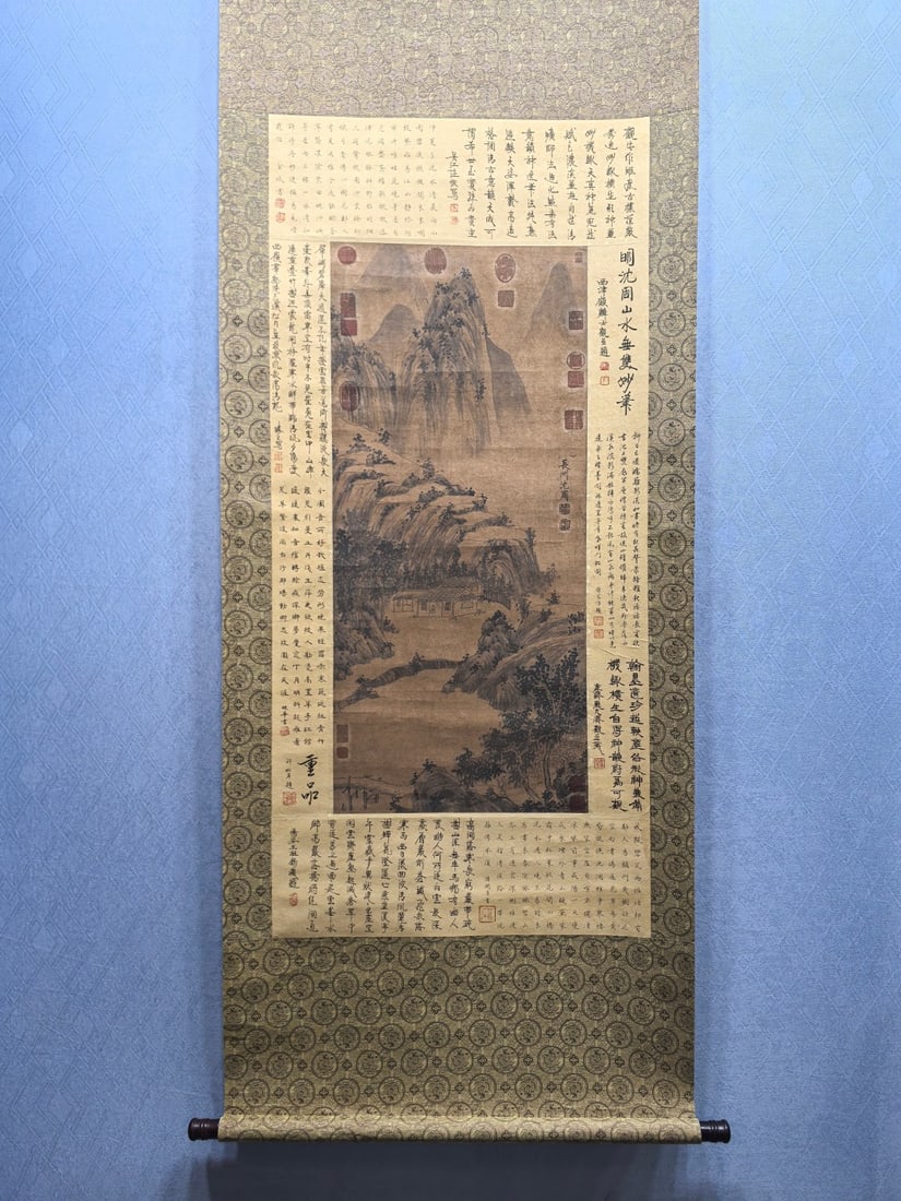 A Chinese Ink Wash Landscape Painting on Paper, Vertical Scroll: A Chinese Ink Wash Landscape Painting on Paper, Vertical Scroll,Ming Dynasty, China,Shen Zhou,without frame size:23.5inx50.7in 