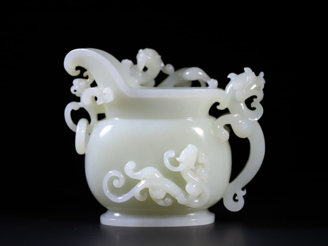 A Exquisite Hetian Jade Dragon and Phoenix Jue Cup: A Exquisite Hetian Jade Dragon and Phoenix Jue Cup,Qing Dynasty,China,Size:4.3inx5inx2.8in 和田玉龙凤爵杯,中国清代