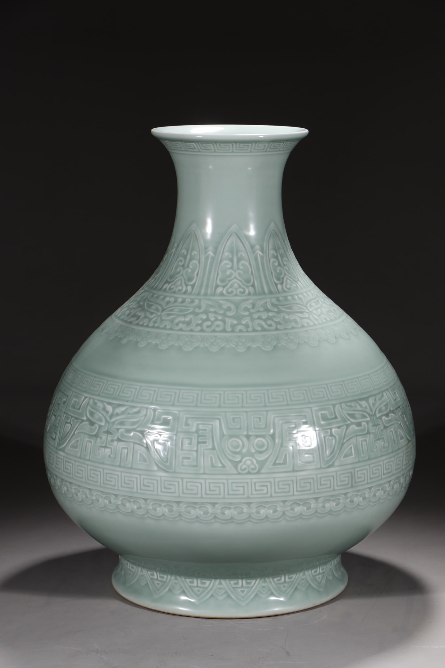 A Exquisite Celadon Glaze Beast-Face Pattern Vase: A Exquisite Celadon Glaze Beast-Face Pattern Vase,Qing Dynasty, China,Qianlong Six-character Mark,Size:20.7in 