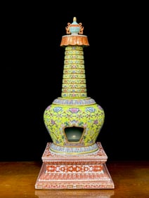 A Exquisite Green Ground Famille-Rose Lotus Stupa