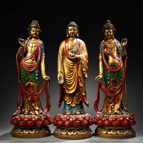 A Exquisite Coppery High-relief Carved Painted Gold Western Three Saints Buddha Statue