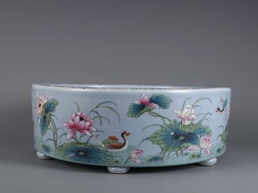 A Rare  Sky Blue Glaze Famille Rose Lotus Pond Flower and Bird Pattern Brush Washer