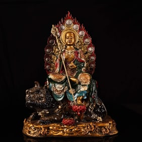 A Exquisite Bronze High-Relief Carved Painted Colored Outline in Gold Statue of Kshitigarbha