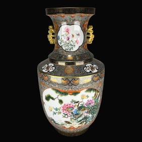 A Exquisite Famille-Rose Painted Gold Openwork Flower and Bird Pattern Double-Ears Vase