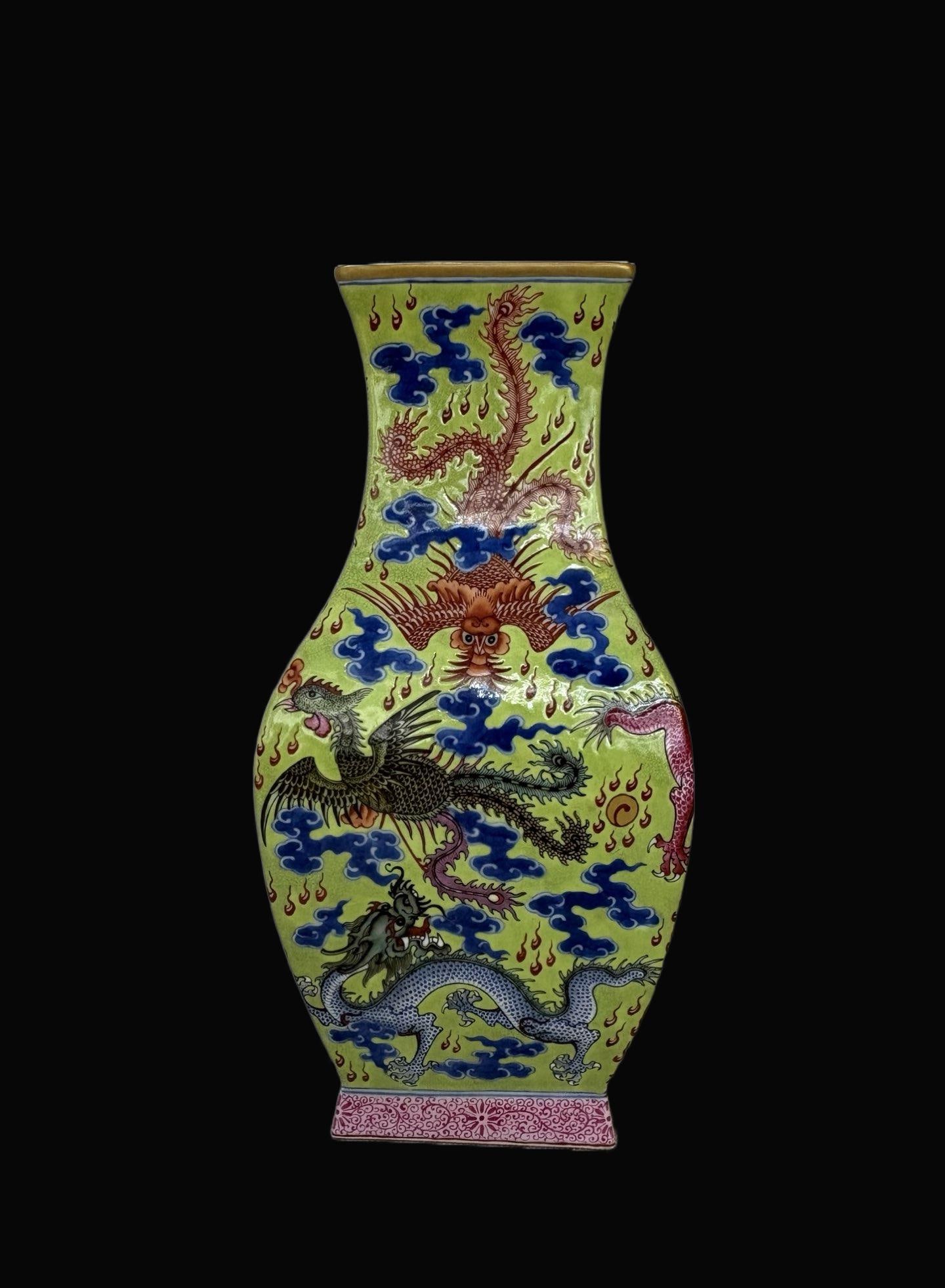 A Exquisite Blue and White Famille-Rose Green Ground Dragon and Phoenix Pattern Vase: A Exquisite Blue and White Famille-Rose Green Ground Dragon and Phoenix Pattern Vase,Qing Dynasty, China,Qianlong Four-character Mark,Size:12.2inx5.9in 青花粉彩绿地