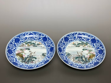 A pair of Exquisite Blue and White Lotus Flower and Bird Pattern Plate