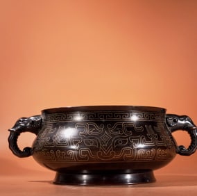 A Exquisite Red Copper Silver-Inlaid Elephant-Ear Censer