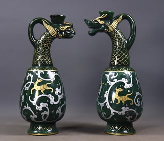 A pair of Exquisite Hetian Jasper Gilt Colored Drawing Dragon and Phoenix Pot