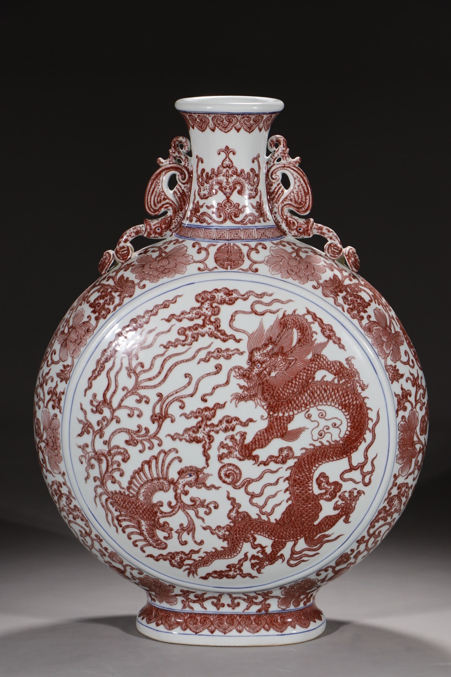 A Exquisite Underglaze-Red Lotus Flower and Dragon and Phoenix Pattern Double-Ears Vase (1 of 9)