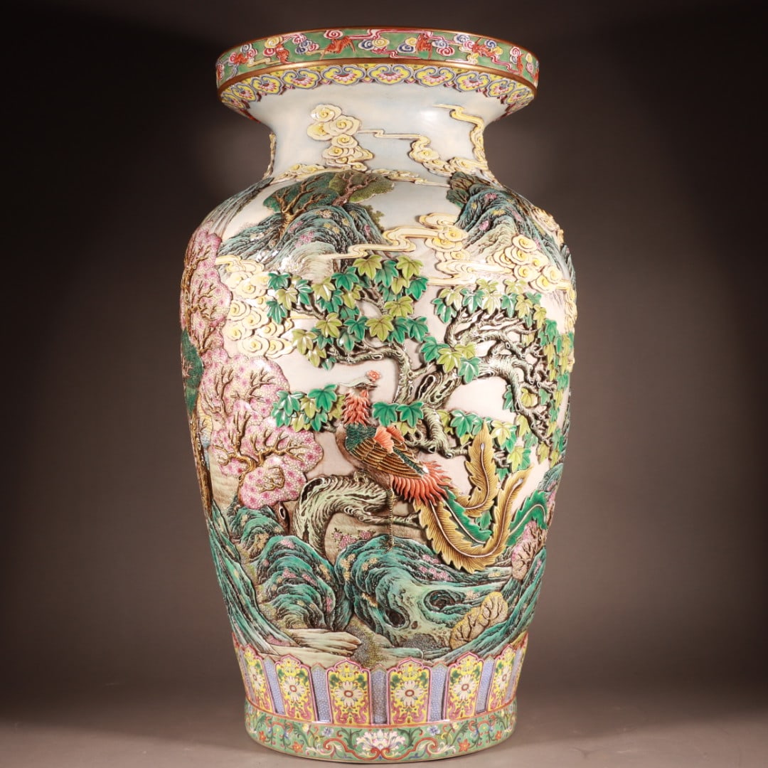 A Rare Famille-Rose Outline in gold Carve Landscape Pattern Flower and Bird Pattern Vase: A Rare Famille-Rose Outline in gold Carve Landscape Pattern Flower and Bird Pattern Vase ,Qing Dynasty, China,Qianlong Six-character Mark,size:29.5inx17.7in 粉彩描金雕