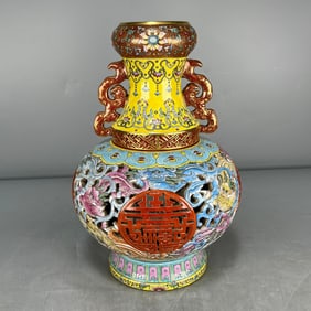 A Exquisite Enamel Painted Gold Hollow Bats and Peach, Dragon Pattern Revolving Vase
