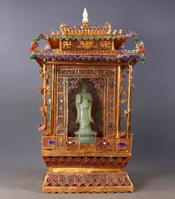 A Exquisite Filigree Gilt Inlaid Hetian Jade Buddha Statue