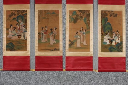 A Set of Chinese Vertical Scroll Ink Paintings of Figures on Paper