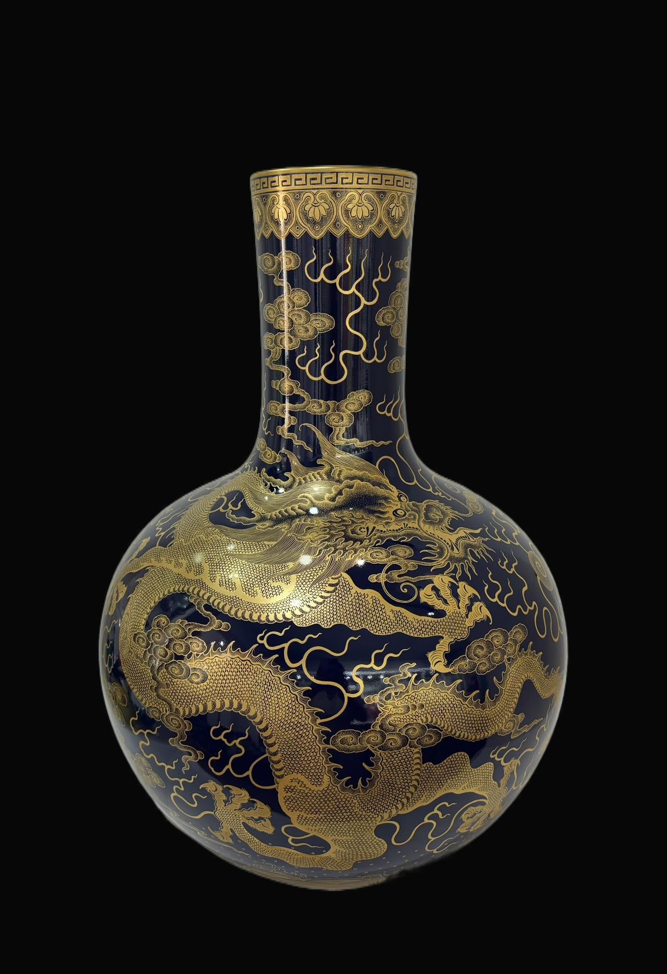 A Exquisite Ji Blue Glaze Painted Gold Seawater Dragon Pattern Vase: A Exquisite Ji Blue Glaze Painted Gold Seawater Dragon Pattern Vase,Qing Dynasty, China,Qianlong Six-character Mark,Size:22.1inx15.7in 