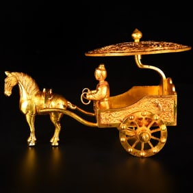 A Exquisite Gilt Bronze Relief Carved Horse-Drawn Cart