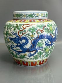 A Exquisite Blue and White Doucai Melon and Fruit Dragon Pattern Jar