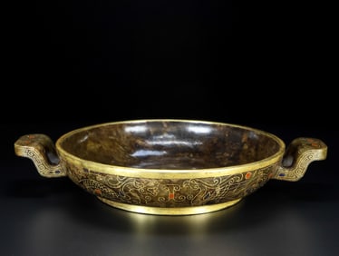 A Rare Hetian Jade Gold-Inlaid Incense Burner