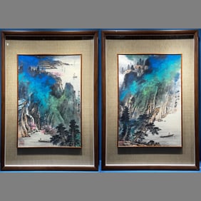 A Pair of Chinese Ink Landscape Paintings on Paper, With a Frame