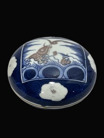 A Exquisite Blue and White Underglaze-Red Fish and Lotus Pattern Box