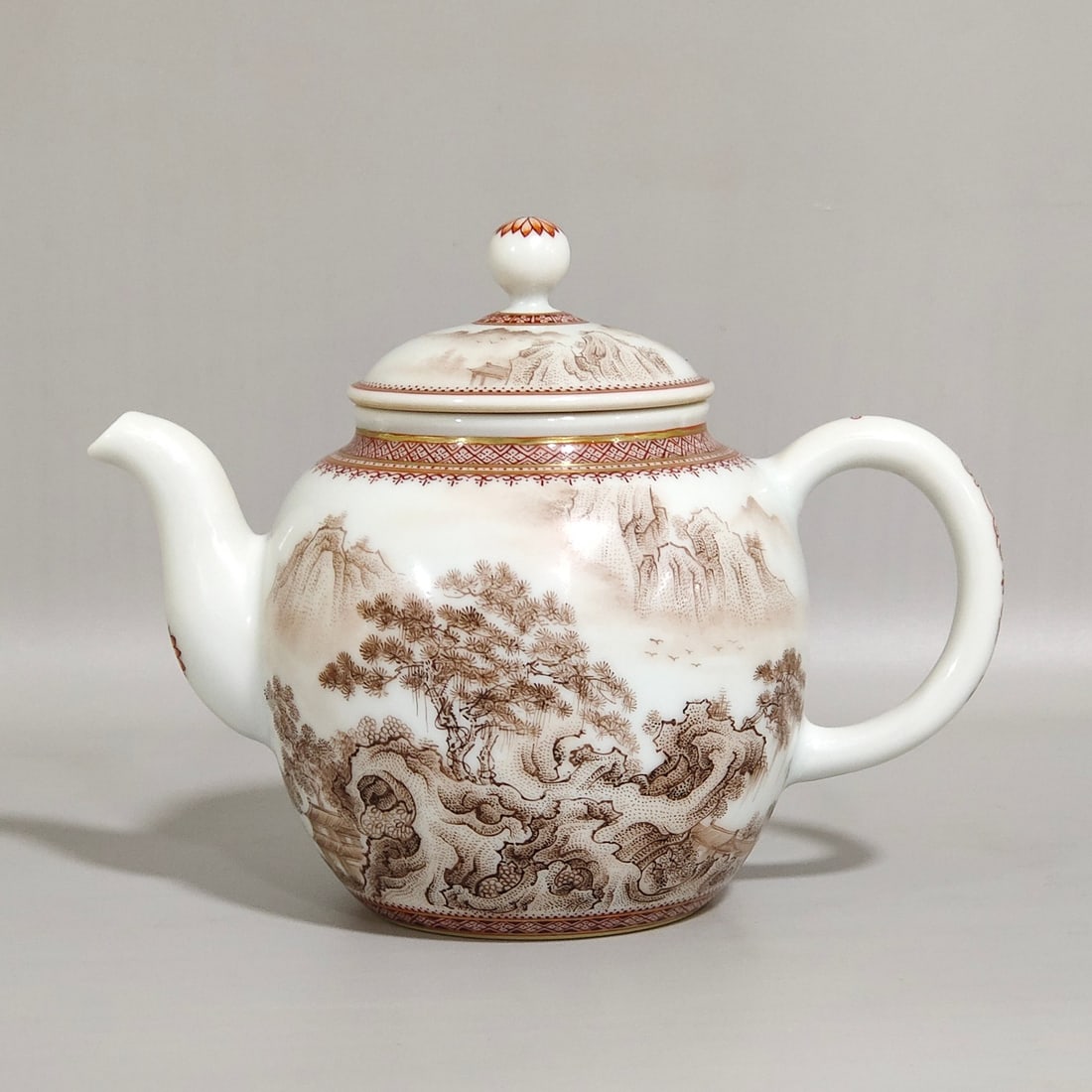 Ink Color Landscape Pattern Teapot: A Rare Ink Color Landscape Pattern Teapot,Qing Dynasty, China,Yongzheng Four-character Mark,Size :4.1inx5.3in 