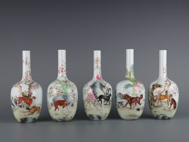A Set of Rare Famille Rose Inscribed Ten Dogs Painting Vases