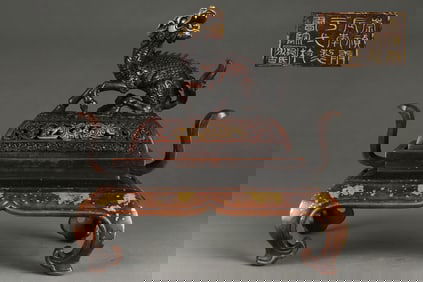 A Exquisite Gilt Bronze Auspicious Beast Double-Ears Censer