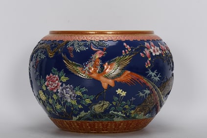 A Rare Enamel Green Ground Carved Blue Ground Flower Bird Pattern Brush Washer