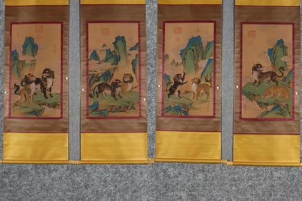 A Set of Chinese Vertical Scroll Ink Paintings of Kylin on Paper