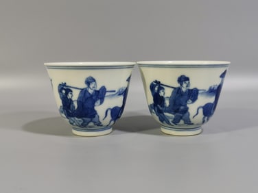 A pair of Exquisite  Blue and White Character and Story Pattern Cup