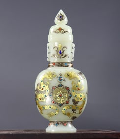 A Exquisite Hetian Jade Gold and Silver-Inlaid Inlaid Gems Double Dragon Vase