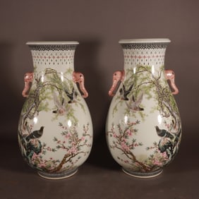 A pair of Rare Famille-Rose Flower and Bird Pattern Double-Ears Vase