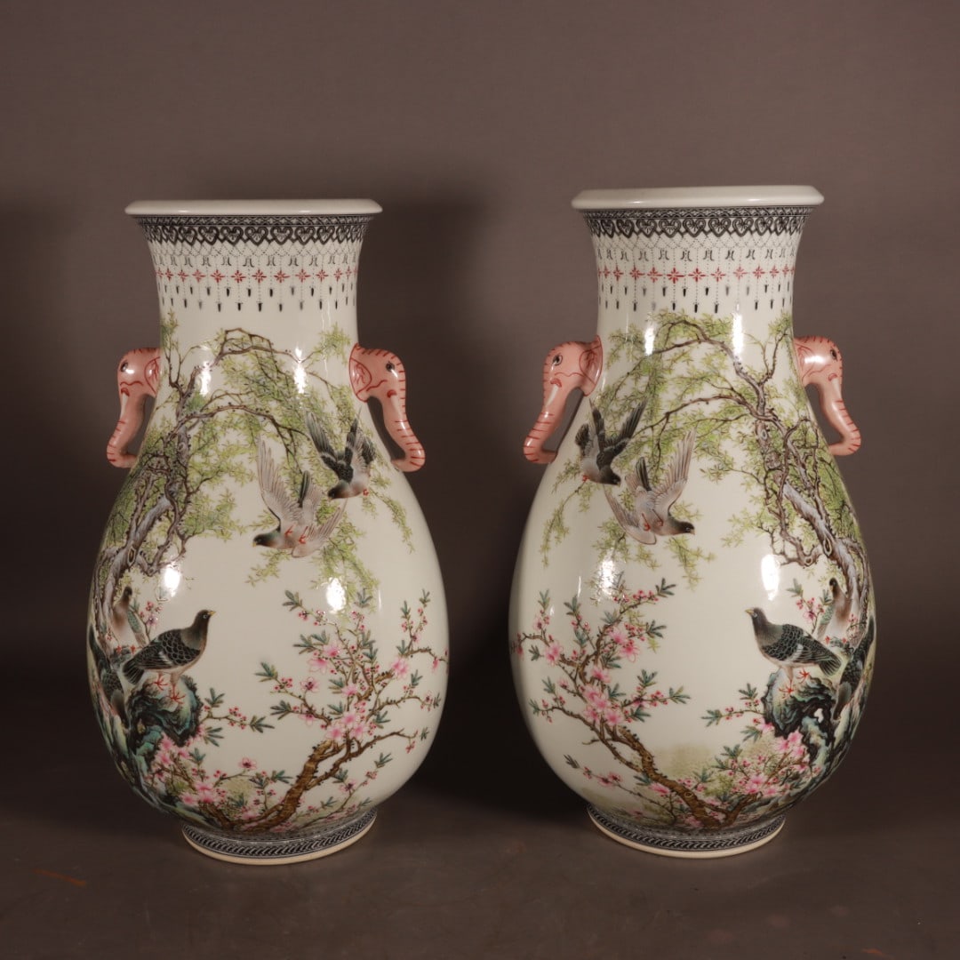 A pair of Rare Famille-Rose Flower and Bird Pattern Double-Ears Vase (1 of 9)