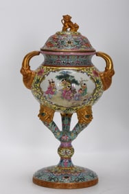 A Rare Enamel Yellow Ground Figure Pattern Double-Ear Tripod Censer