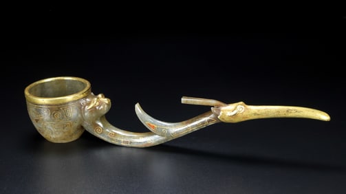 A Rare Hetian Jade Gold-Inlaid Wine Vessel