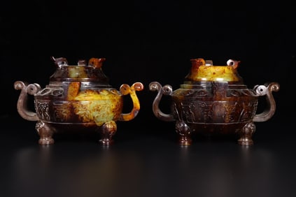A pair of Exquisite Hetian Jade Double-Ears Censer