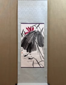 A Chinese Vertical Scroll Ink Painting of Shrimps on Paper