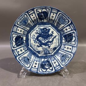 A Exquisite Blue and White Flower Dragon Pattern Plate