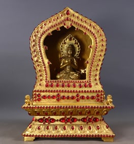 A Exquisite Gilt Bronze Carved Inlaid Gems Buddhist Niche