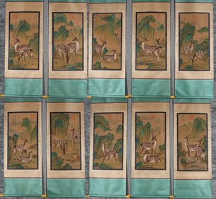 A Set of Chinese Vertical Scroll Ink Paintings of Deer on Paper