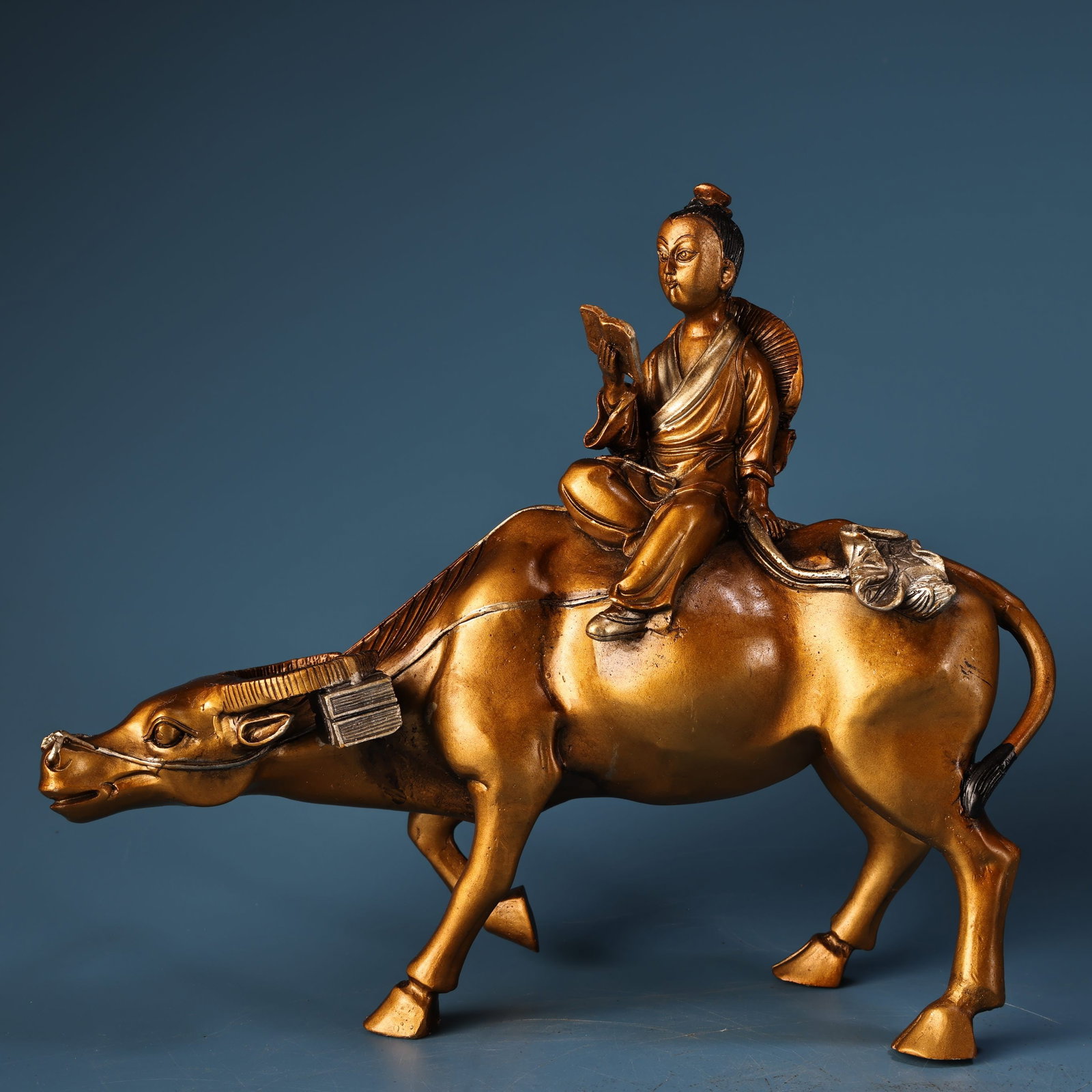 A Exquisite Bronze High-Relief Carved Outline in Gold and Silver Riding Buffalo Shepherd Boy: A Exquisite Bronze High-Relief Carved Outline in Gold and Silver Riding Buffalo Shepherd Boy,Ming Dynasty, China,Size:8.3inx9.4in,Weight:1800g 