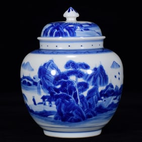 A Rare Blue and White Landscape Pattern Lidded Jar