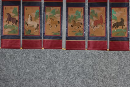 A Set of Chinese Vertical Scroll Ink Paintings of Horse on Paper